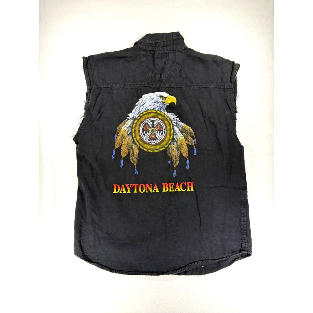 Vintage Colesium Jeans Dayton Beach Sleeveless Biker Eagle Black Button Up L